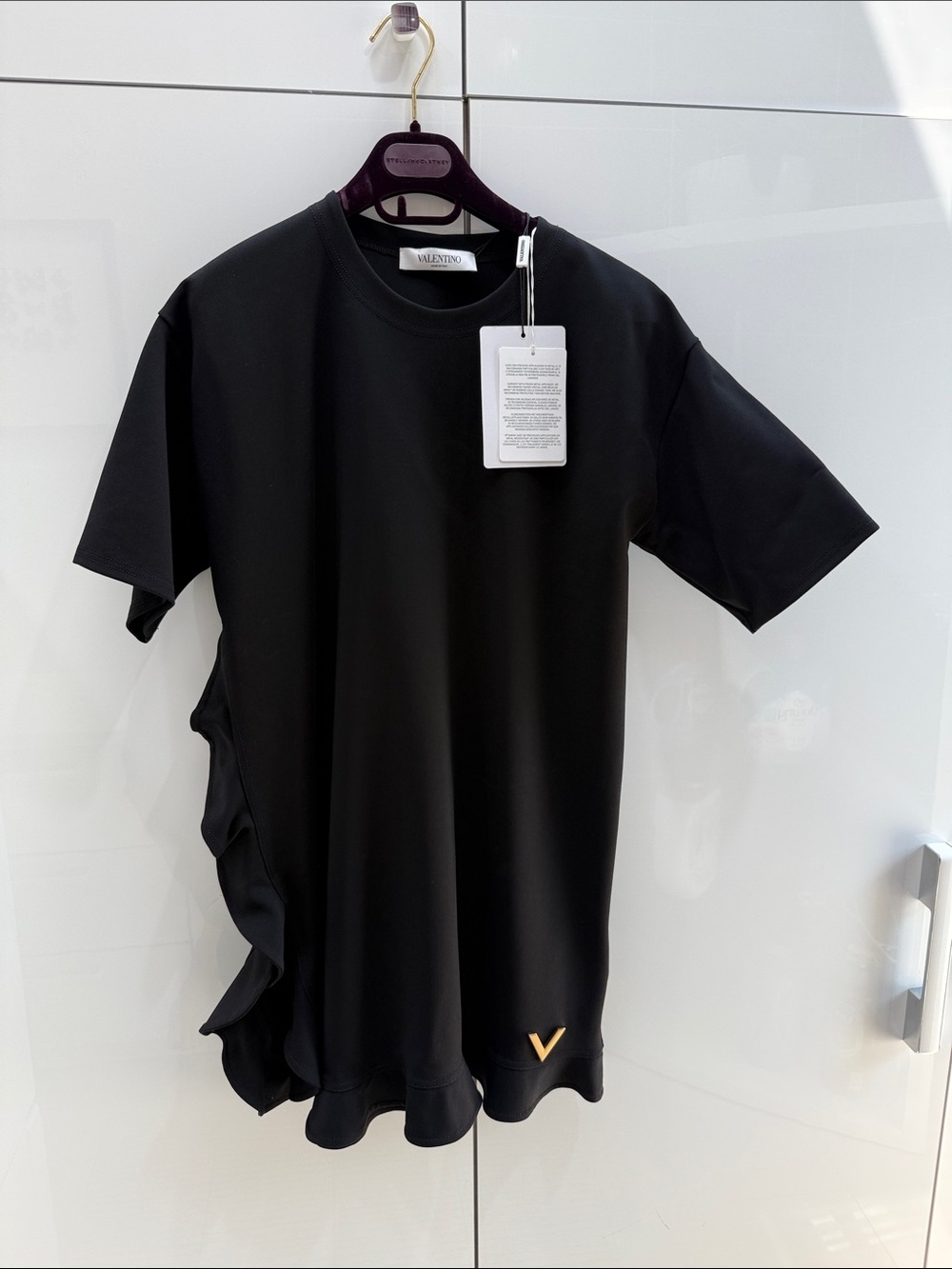 Valentino Black Short Sleeve Dress/ Tunic with Scalloped Side and Gold V. New.